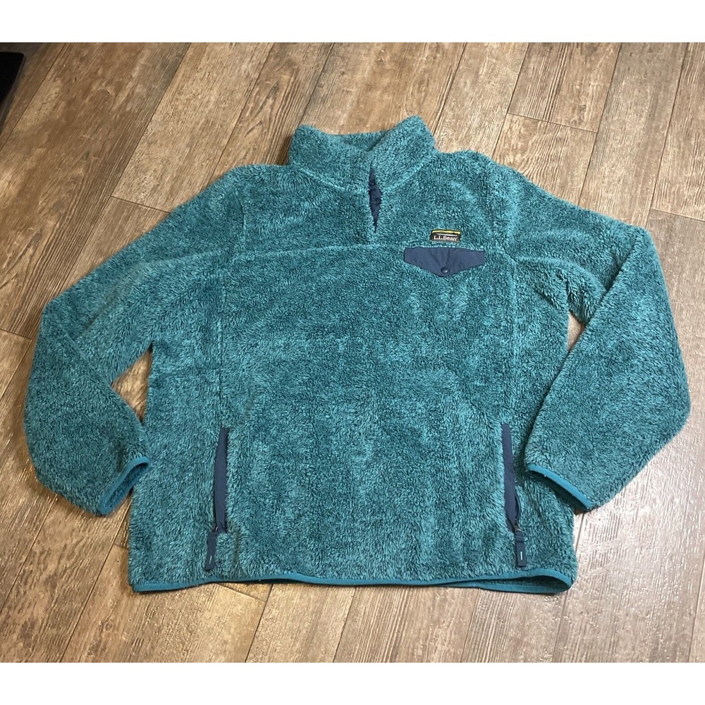 L.L. Bean Hi Pile Fleece Snap Pullover Fuzzy Teal Blue Women’s XL Zip Pockets